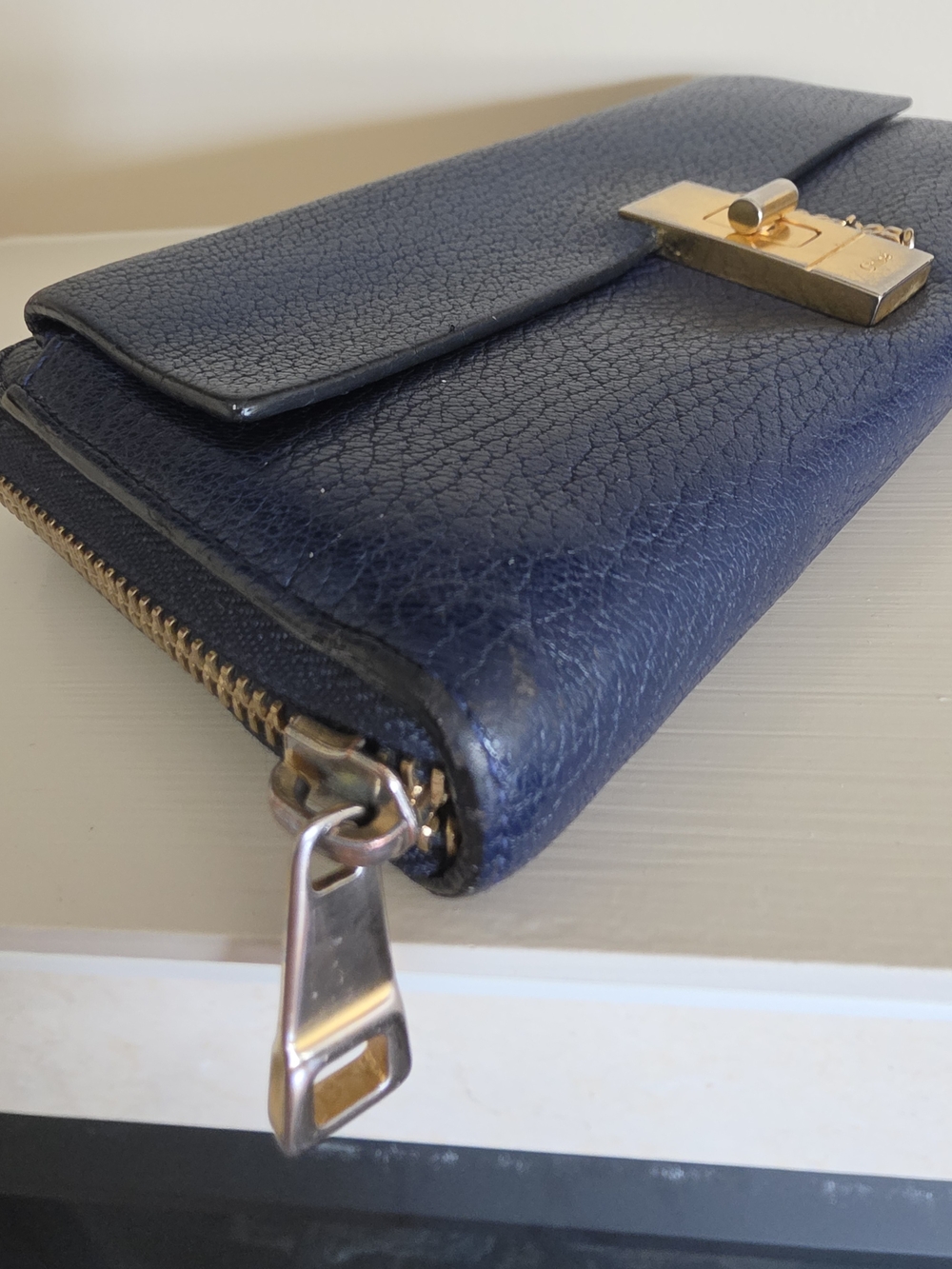 Chloe Navy Leather Zip Wallet with Gold Hardware And Chain Detail - Picture 9 of 14